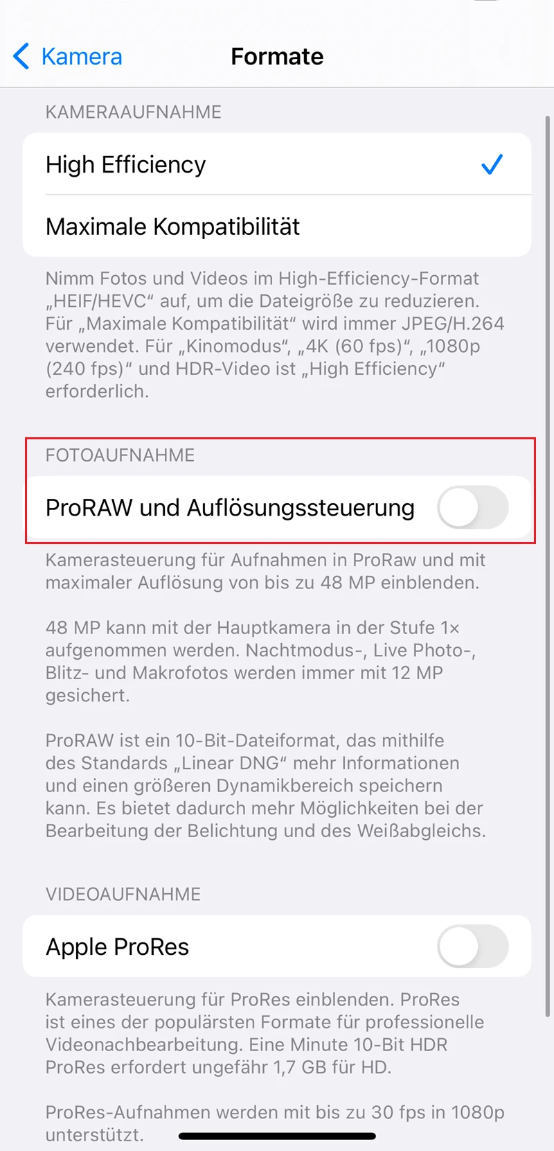  In den Kamera-Einstellungen „Apple ProRAW“ aktivieren
